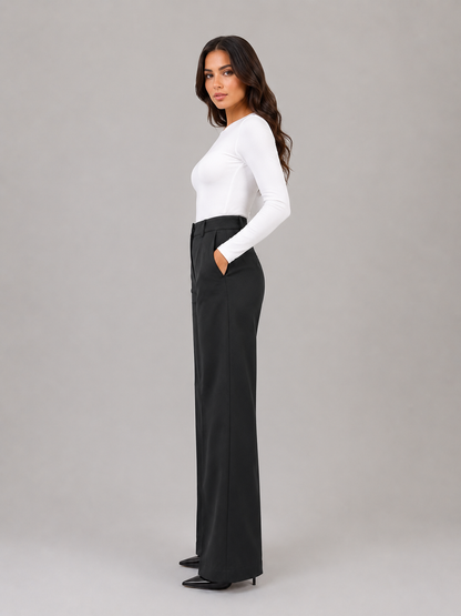 Sanne - Dames Pantalon High Waist Wijde Pijpen met Plooien en Zakken
