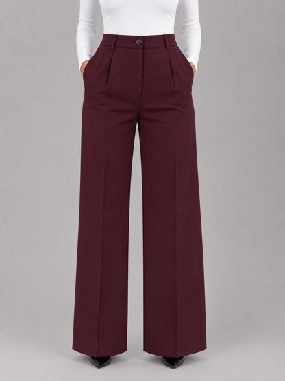 Sanne - Dames Pantalon High Waist Wijde Pijpen met Plooien en Zakken