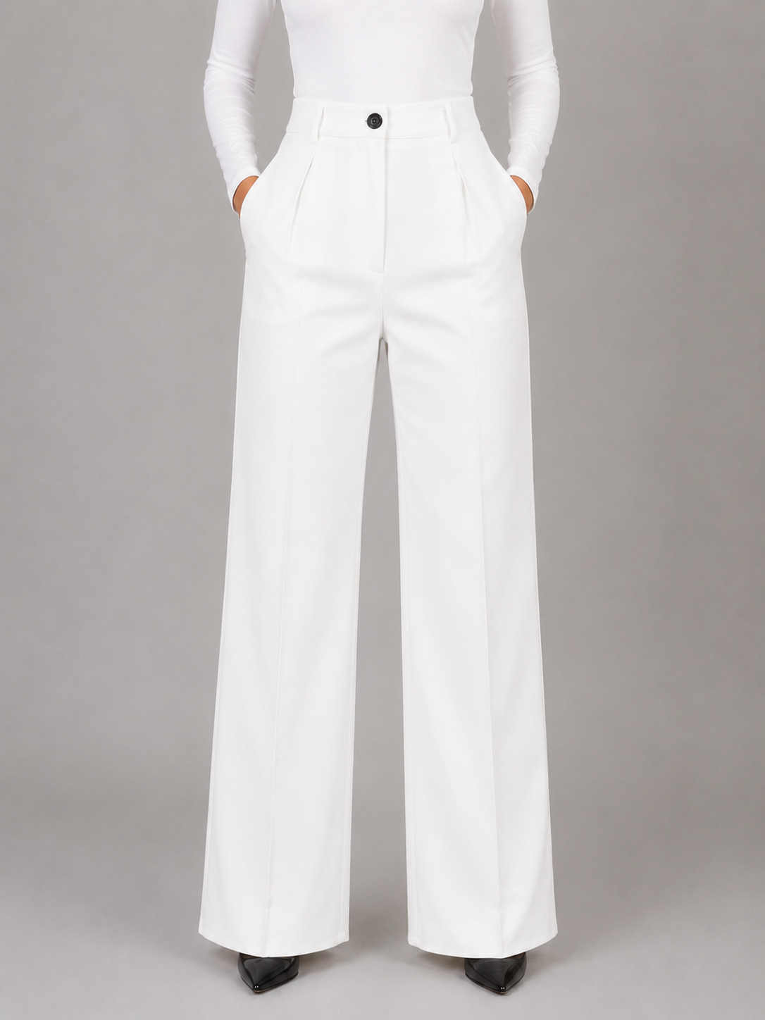 Sanne - Dames Pantalon High Waist Wijde Pijpen met Plooien en Zakken