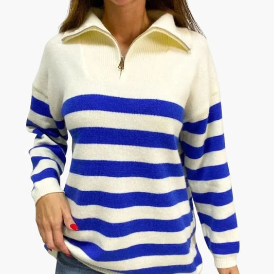 Sanne - Dames Trui Gebreid met Quarter Zip Opstaande Kraag en Streepdessin