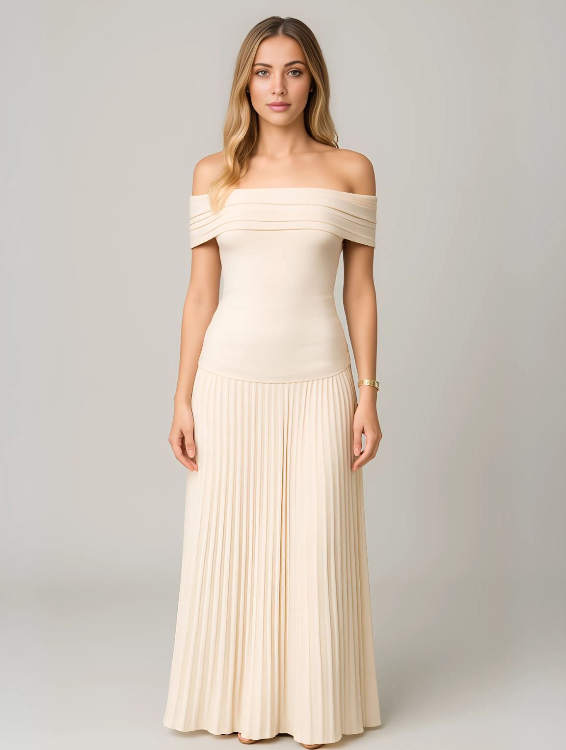 Sanne - Elegante Bruiloft Gastenjurk Dames Off Shoulder met Geplooide Maxi Rok