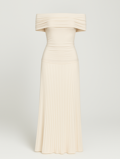 Sanne - Elegante Bruiloft Gastenjurk Dames Off Shoulder met Geplooide Maxi Rok