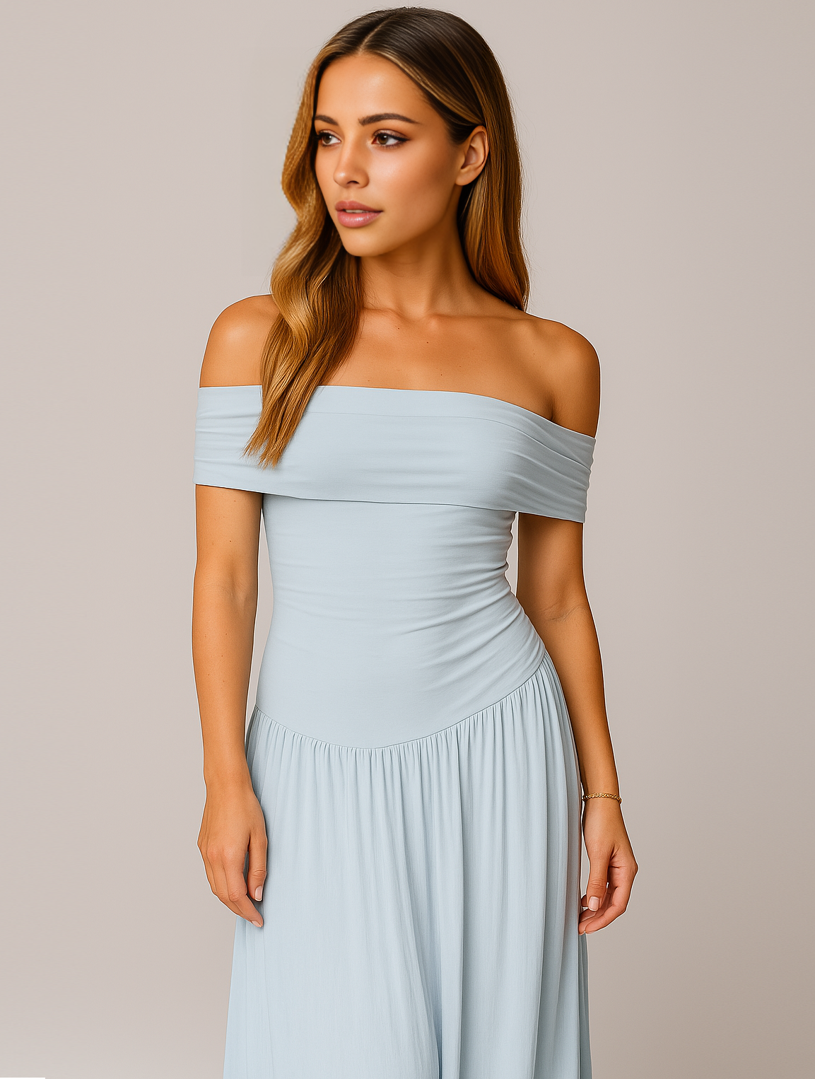 Sanne - Elegante Bruiloft Gastenjurk Dames Off Shoulder met Geplooide Maxi Rok
