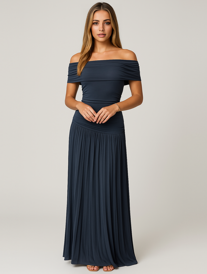 Sanne - Elegante Bruiloft Gastenjurk Dames Off Shoulder met Geplooide Maxi Rok