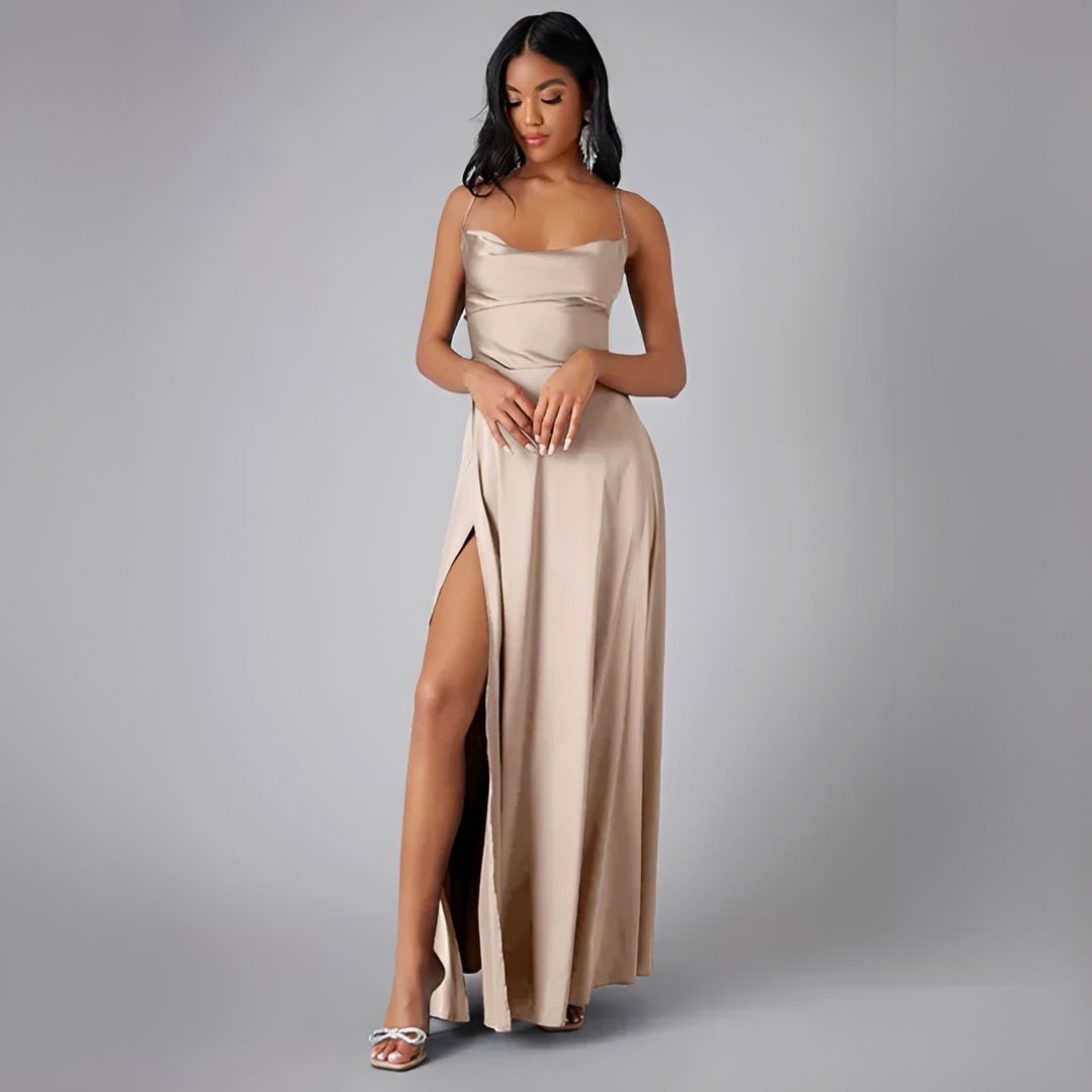 Sanne - Elegante Bruiloft Gastenjurk Dames met Cowl Neck en Hoge Split in Maxi Lengte