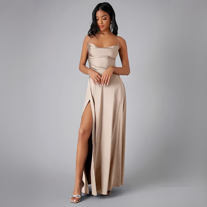 Sanne - Elegante Bruiloft Gastenjurk Dames met Cowl Neck en Hoge Split in Maxi Lengte