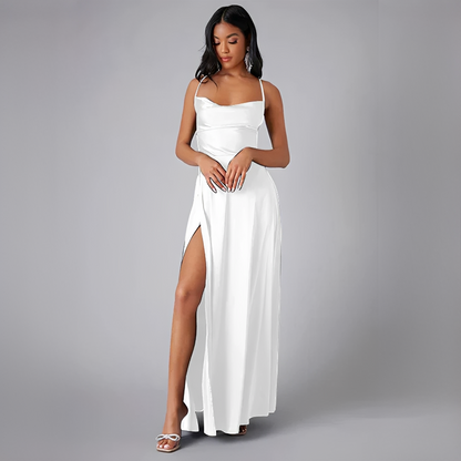 Sanne - Elegante Bruiloft Gastenjurk Dames met Cowl Neck en Hoge Split in Maxi Lengte