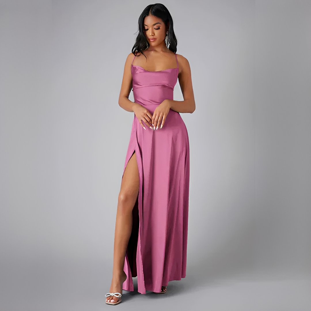 Sanne - Elegante Bruiloft Gastenjurk Dames met Cowl Neck en Hoge Split in Maxi Lengte