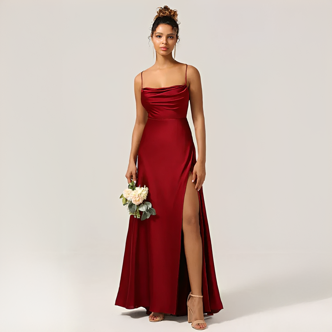 Sanne - Elegante Bruiloft Gastenjurk Dames met Cowl Neck en Hoge Split in Maxi Lengte