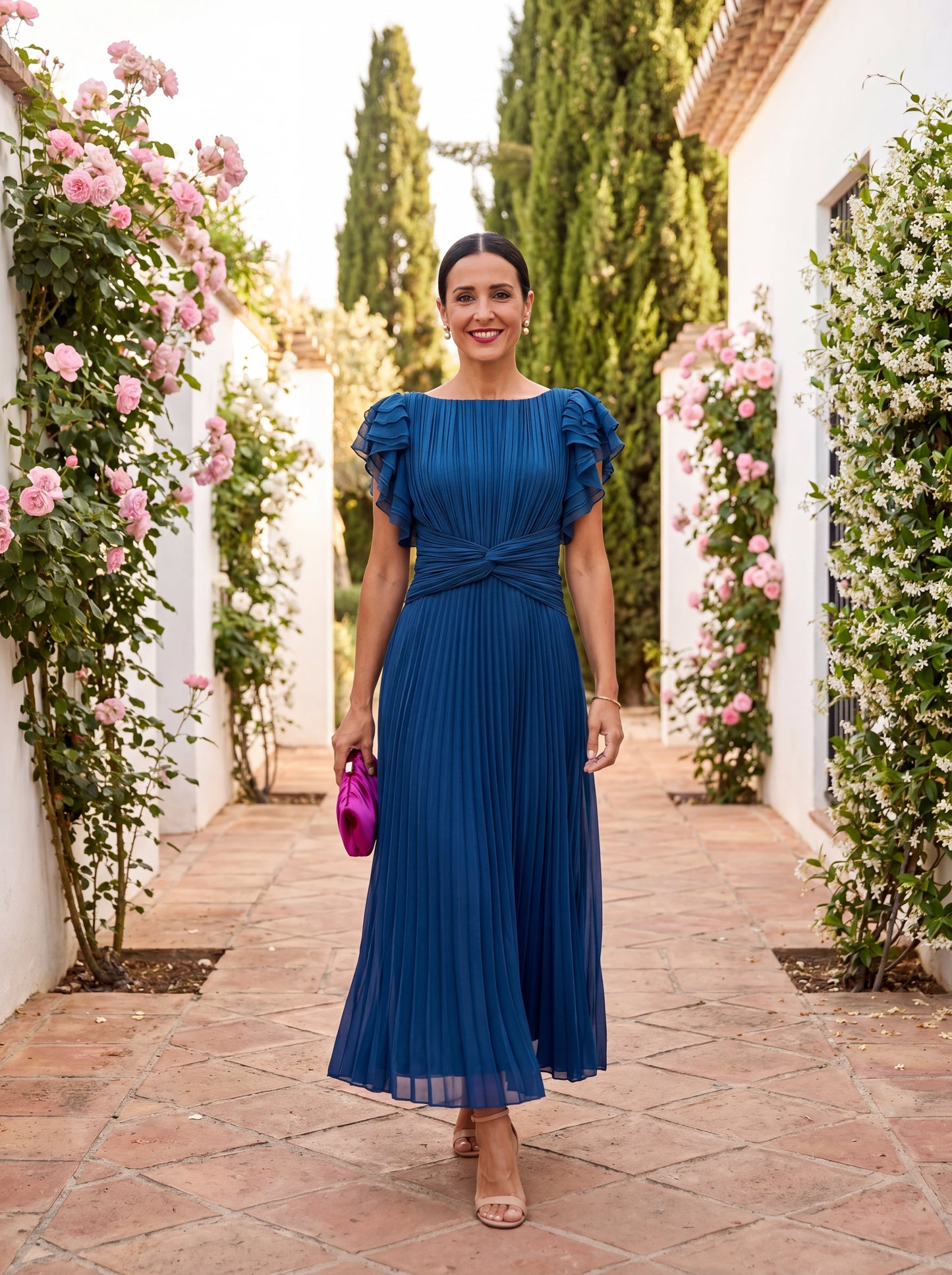 Sanne - Elegante Maxi Jurk Dames met Plissé Structuur en Vlindermouwen