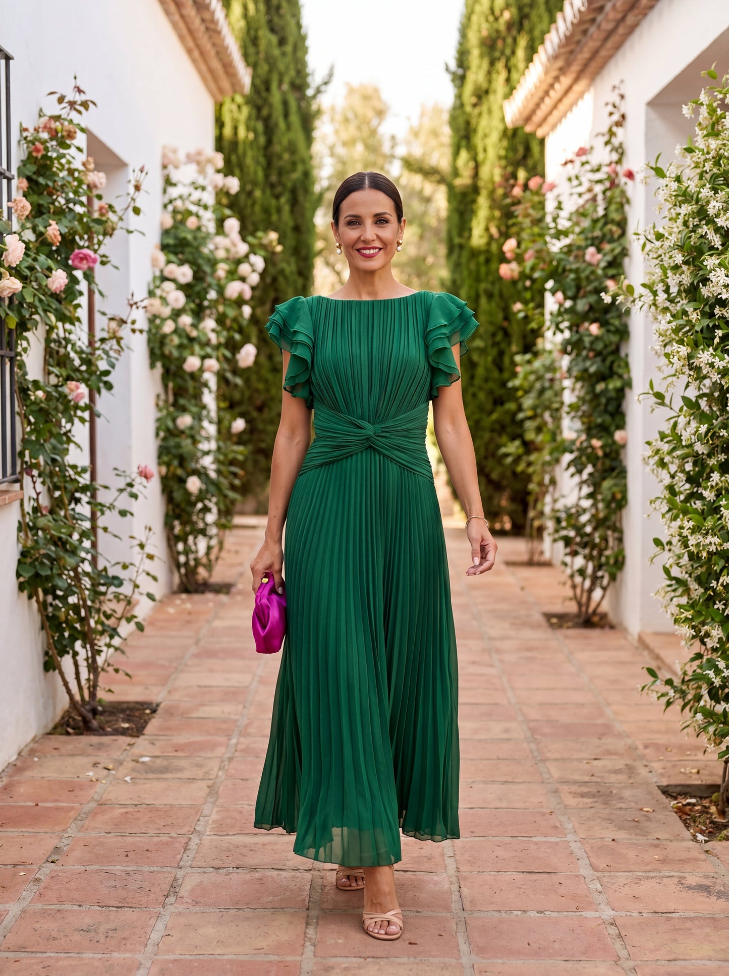 Sanne - Elegante Maxi Jurk Dames met Plissé Structuur en Vlindermouwen