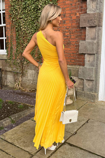 Sanne - Feestelijke Zomerjurk Dames met One-Shoulder en Geplooide Midi Rok