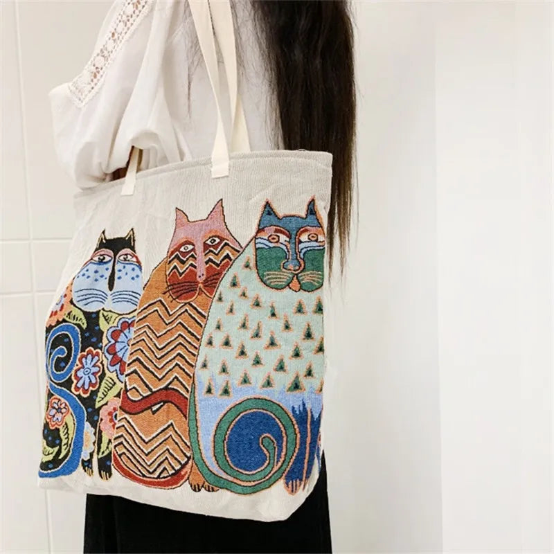 Shopper Dames - Grote Tote Bag met Katten en Hartjesprint | Casual