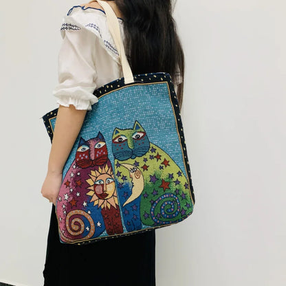 Shopper Dames - Grote Tote Bag met Katten en Hartjesprint | Casual
