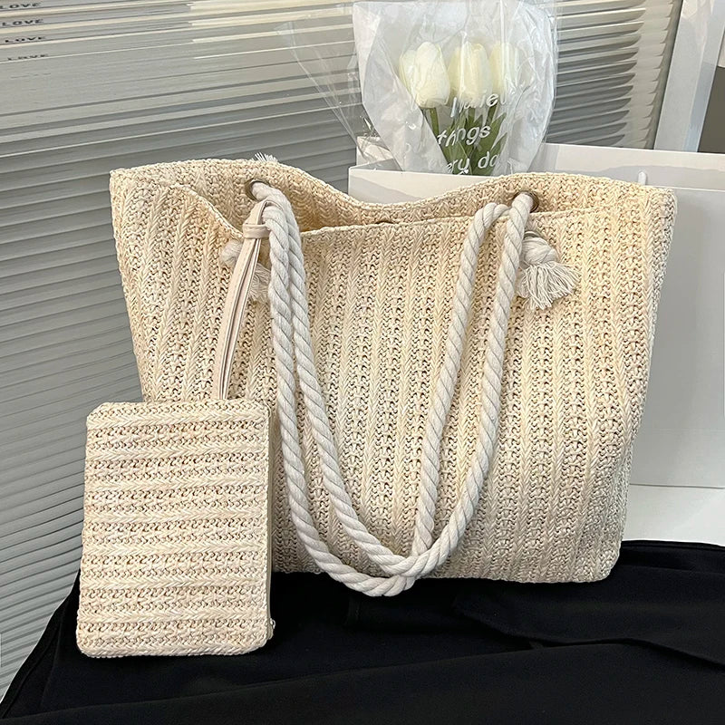 Tas Dames - Gevlochten Shopper met Touwhandvat en Clutch | Zomer