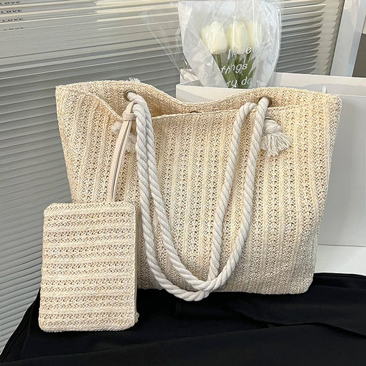Tas Dames - Gevlochten Shopper met Touwhandvat en Clutch | Zomer