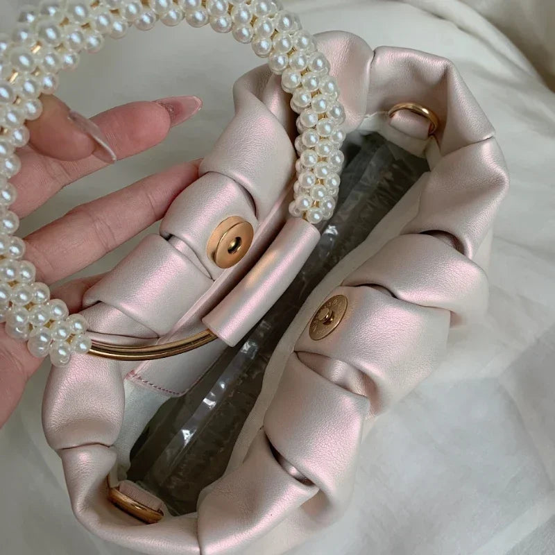 Tas Dames - Geplooide Mini Handtas met Parelhandvat | Elegant