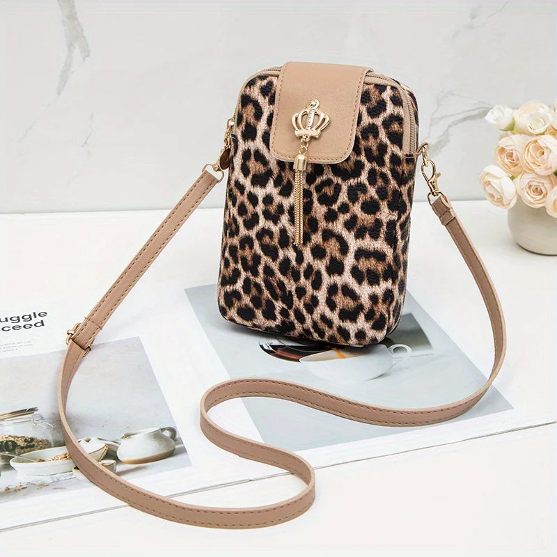 Tas Dames - Mini Crossbody met Luipaardprint en Kroon Detail | Casual