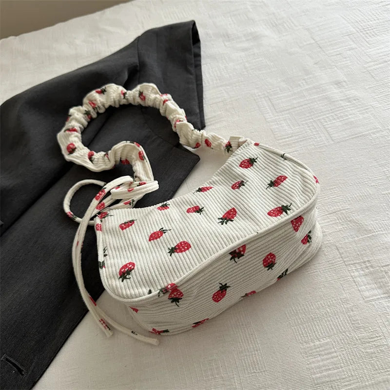 Tas Dames - Mini Hobo Tas met Aardbeienprint en Strikje | Zomer