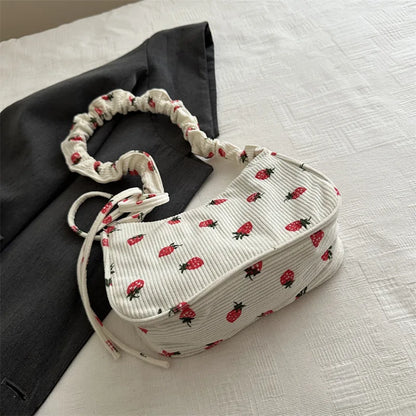 Tas Dames - Mini Hobo Tas met Aardbeienprint en Strikje | Zomer