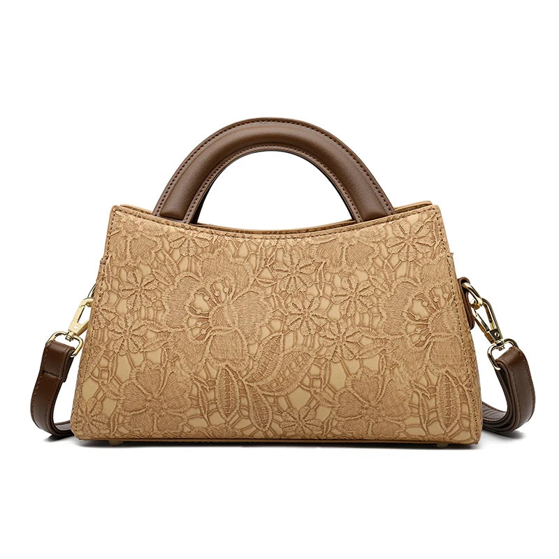 Handtas Dames - Bloemen Reliëf Tas met Houten Handvat | Chique