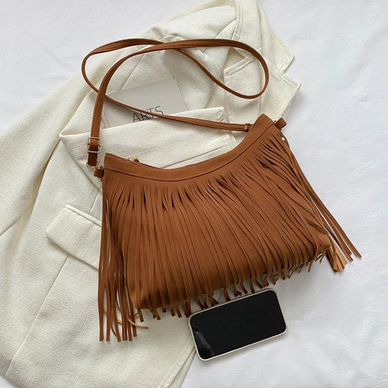 Tas Dames - Schoudertas met Lange Franjes en Gouden Hardware | Boho