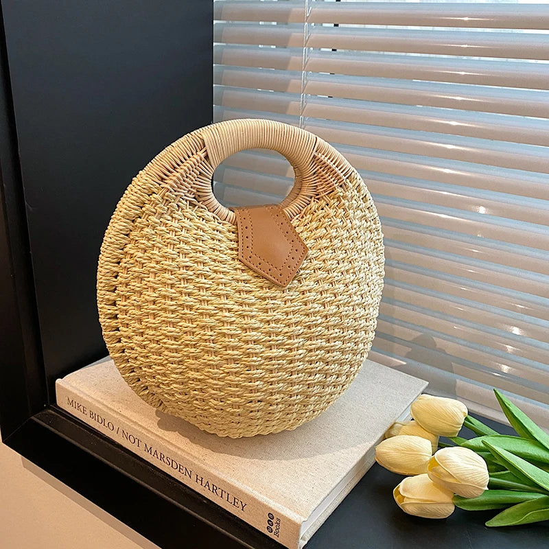 Tas Dames - Ronde Gevlochten Tas met Houten Handvat | Zomer