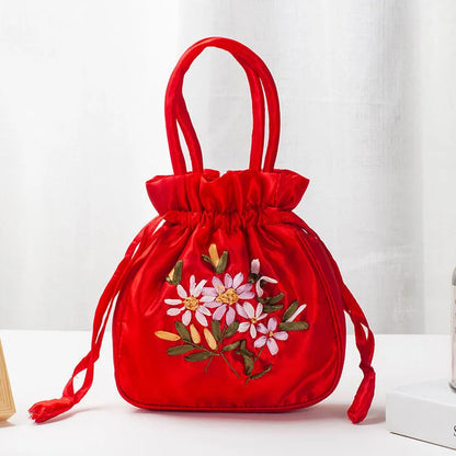 Avondtasje Dames - Bucket Tas met Bloemenborduursels | Feest