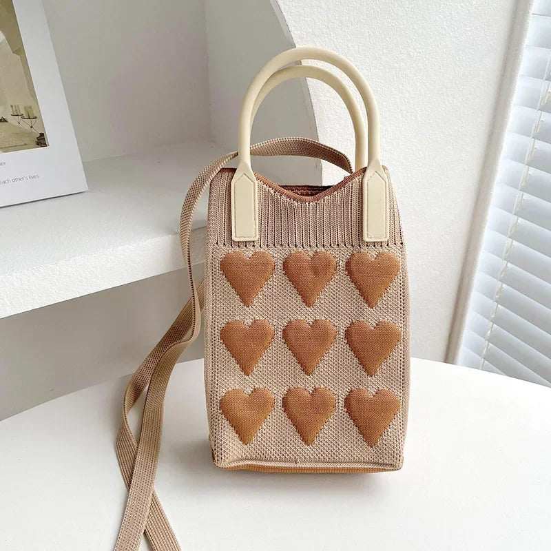 Mini Tas Dames - Gebreide Handtas met Hartjesprint en Riem | Casual