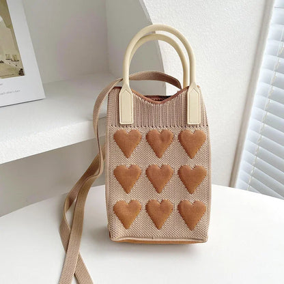 Mini Tas Dames - Gebreide Handtas met Hartjesprint en Riem | Casual
