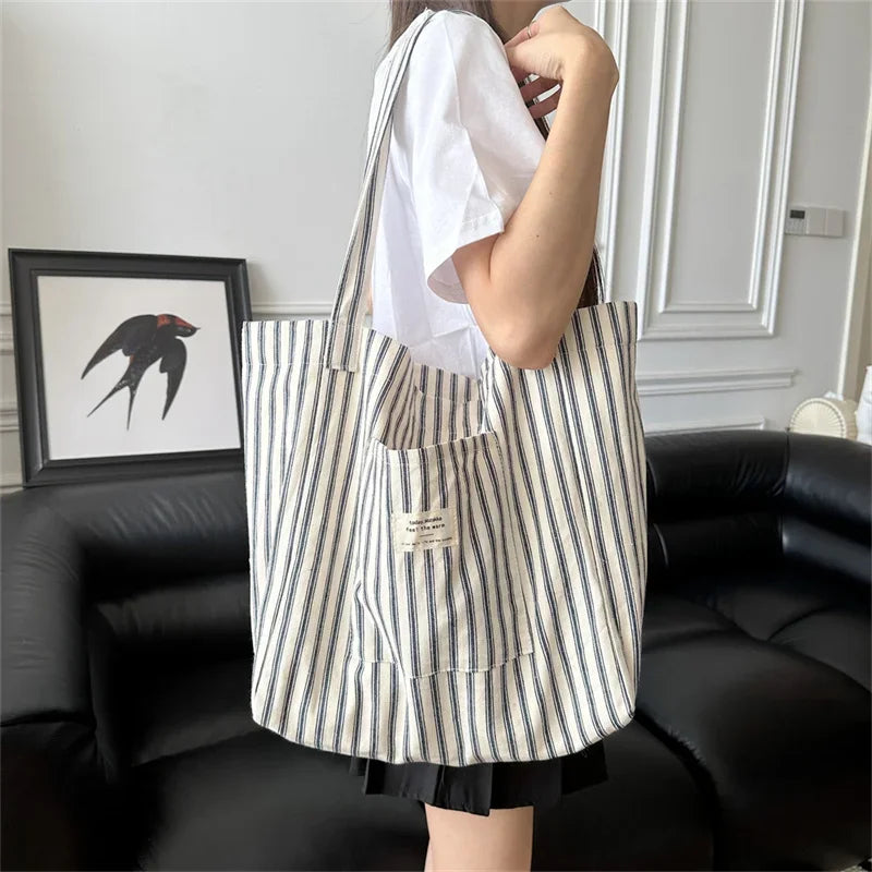 Tas Dames - Grote Tote Bag met Streepjespatroon en Label | Casual