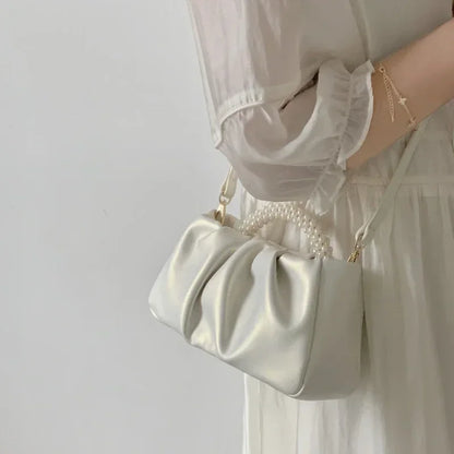 Tas Dames - Geplooide Mini Handtas met Parelhandvat | Elegant