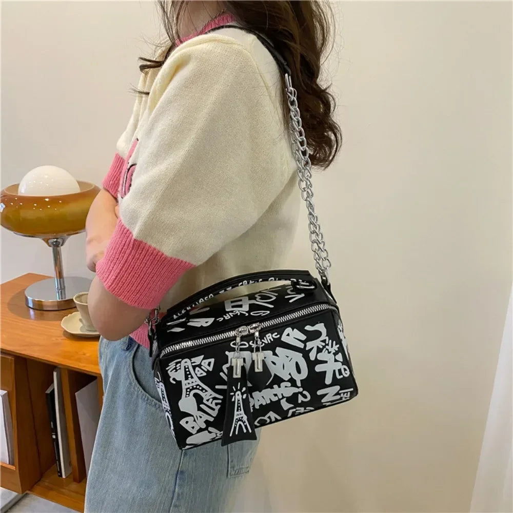 Tas Dames - Mini Handtas met Print en Ketting | Streetstyle