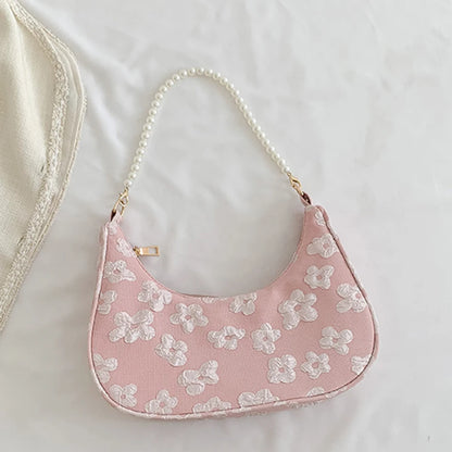 Schoudertas Dames - Halfmaan Tas met Parelketting en Bloemen | Chique