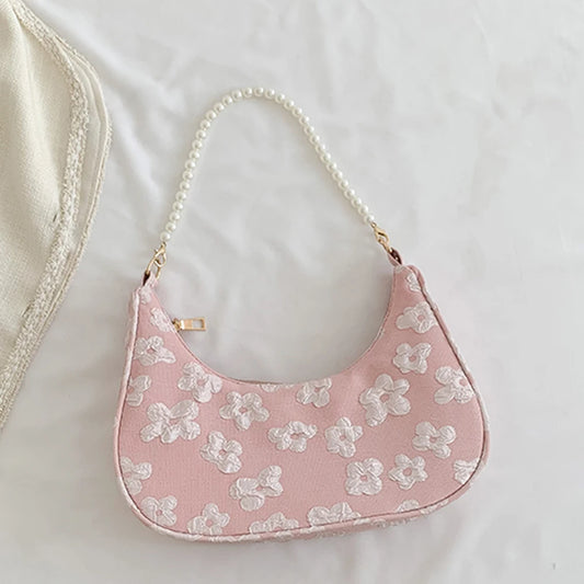 Schoudertas Dames - Halfmaan Tas met Parelketting en Bloemen | Chique