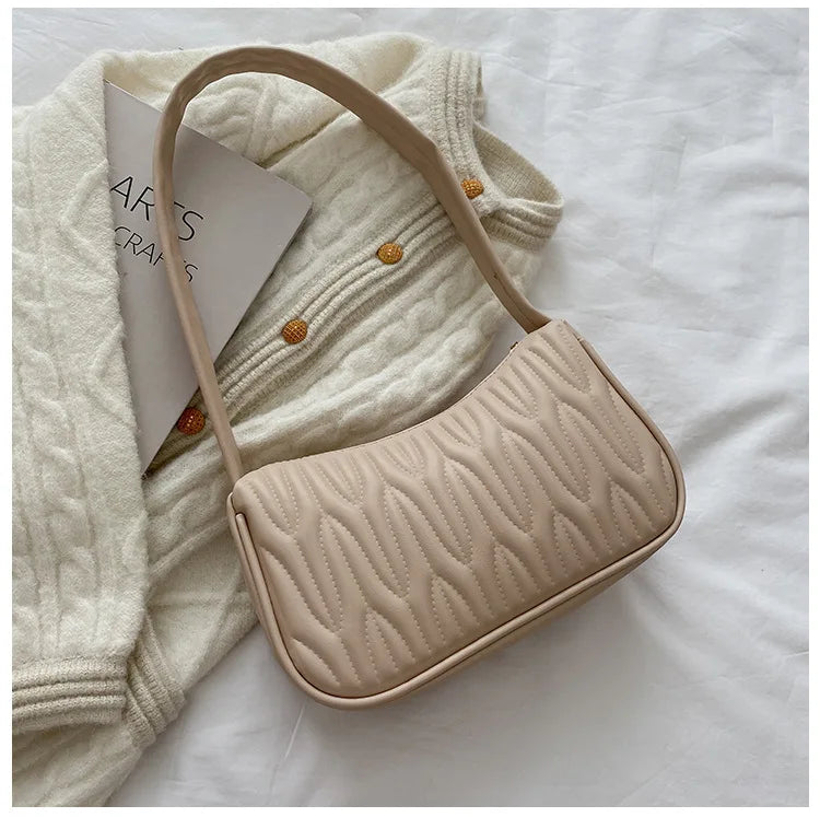 Tas Dames - Kleine Schoudertas met Golfpatroon en Gouden Rits | Chique