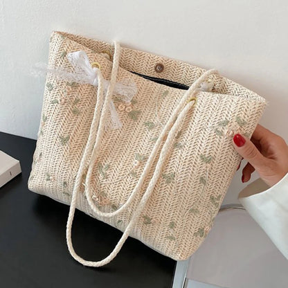 Tas Dames - Gevlochten Shopper met Bloemen en Touwhandvat | Zomer