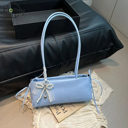 Schoudertas Dames - Langwerpige Tas met Parel Strik Detail | Chique
