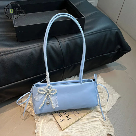 Schoudertas Dames - Langwerpige Tas met Parel Strik Detail | Chique