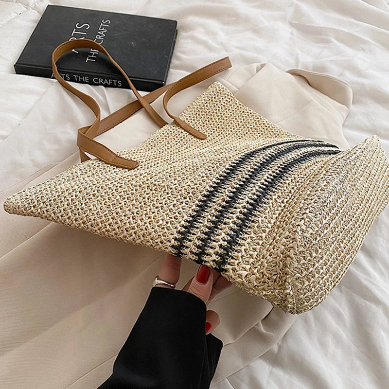 Tas Dames - Ruime Gevlochten Shopper met Strepenpatroon | Zomer