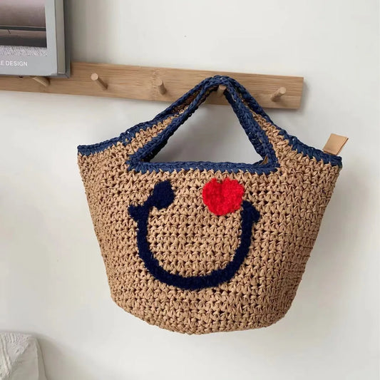 Tas Dames - Gevlochten Strandtas met Smiley Print | Zomer