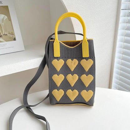 Mini Tas Dames - Gebreide Handtas met Hartjesprint en Riem | Casual