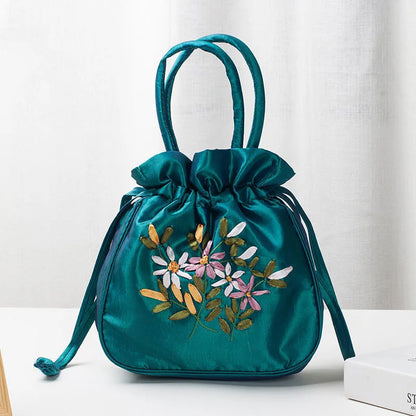 Avondtasje Dames - Bucket Tas met Bloemenborduursels | Feest