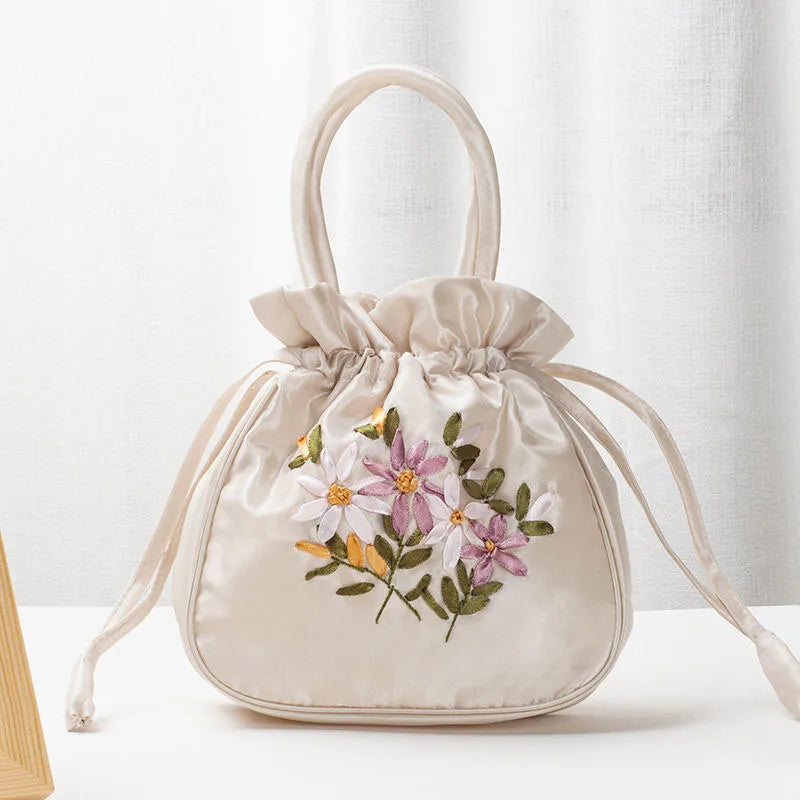 Avondtasje Dames - Bucket Tas met Bloemenborduursels | Feest