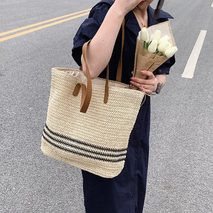 Tas Dames - Ruime Gevlochten Shopper met Strepenpatroon | Zomer