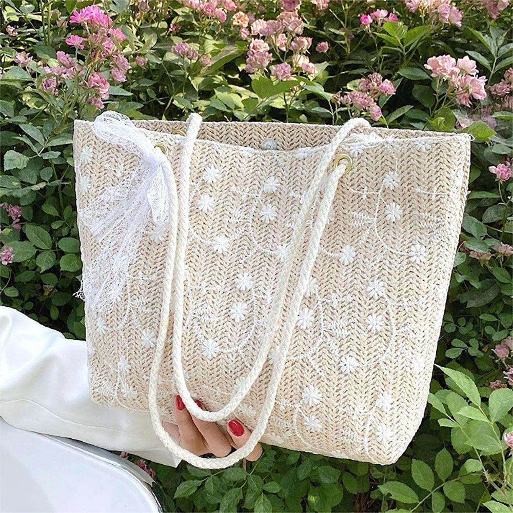 Tas Dames - Gevlochten Shopper met Bloemen en Touwhandvat | Zomer