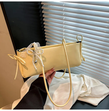 Schoudertas Dames - Langwerpige Tas met Parel Strik Detail | Chique
