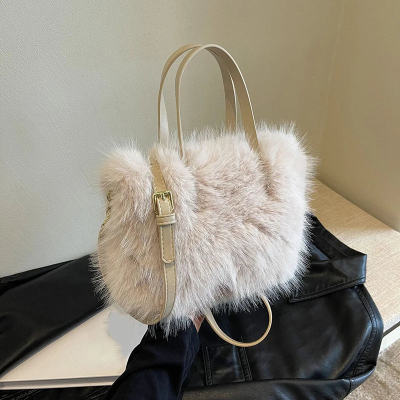 Tas Dames - Pluche Schoudertas met Schouderriem en Handvat | Casual