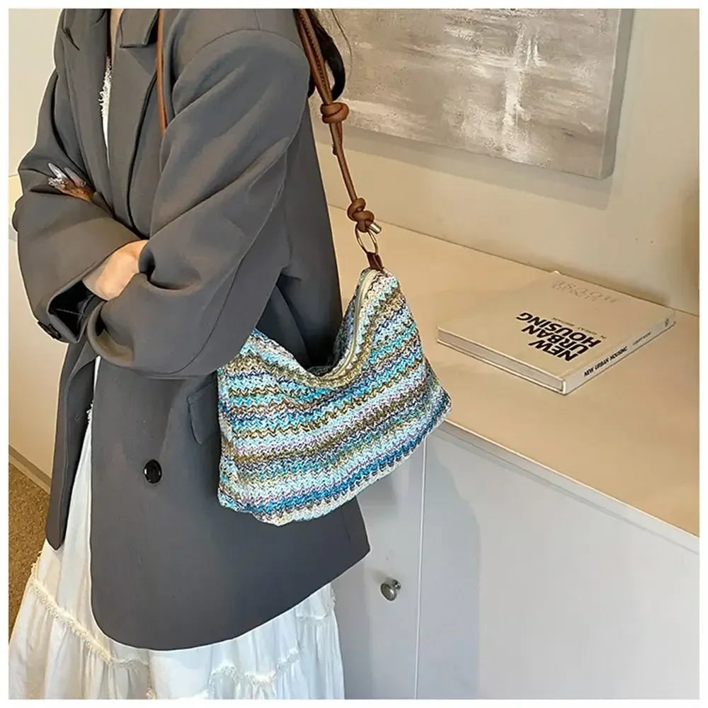 Tas Dames - Gevlochten Schoudertas met Kleurrijke Strepen | Boho