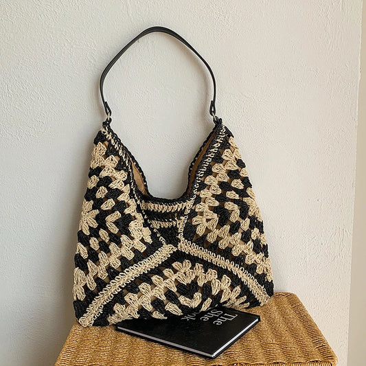 Tas Dames - Gehaakt Hobo Model met Contrast Patroon | Boho